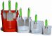 Original, Mini, Super, and Monster Aluminum Bucket Scoops Displayed in Different Sized Screen Printing Ink Buckets
